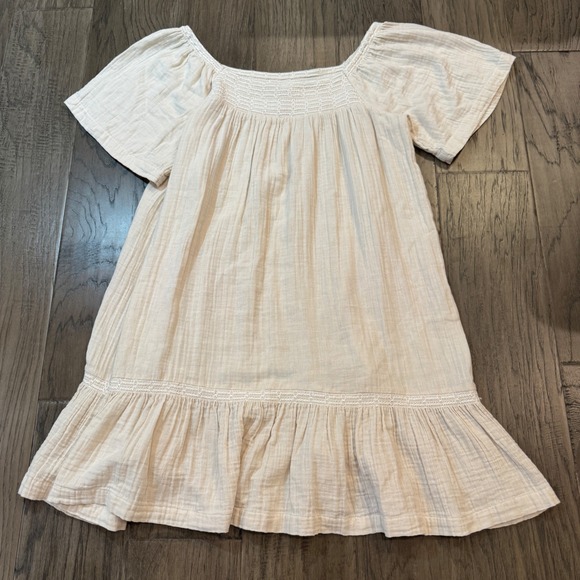 Boho Dress Beige Short Sleeve Square Neck Ruffle Hem Cotton Blend Made in India - Picture 1 of 10